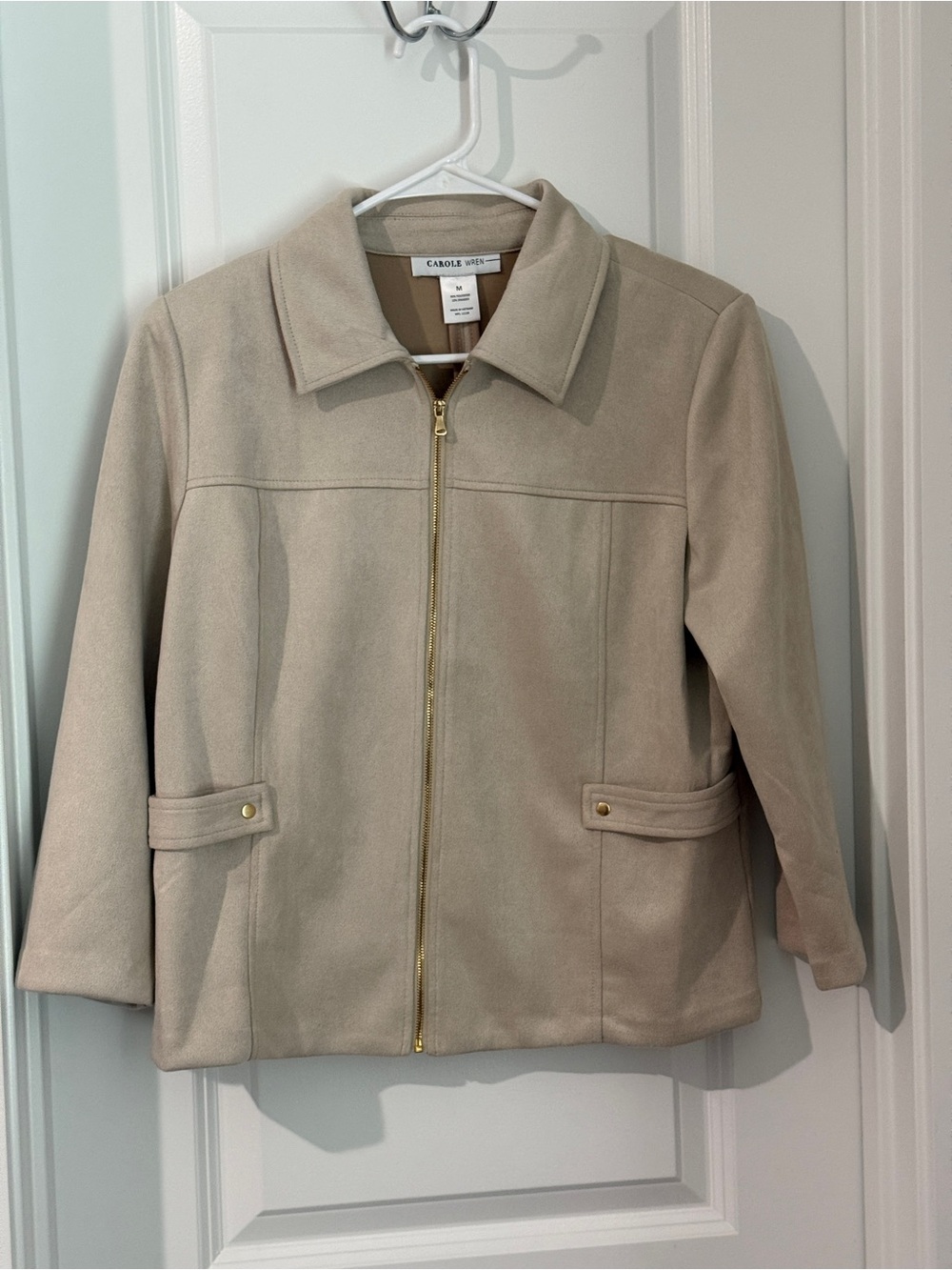 Carole Wren Beige Faux Suede Zip Front Jacket Size Medium